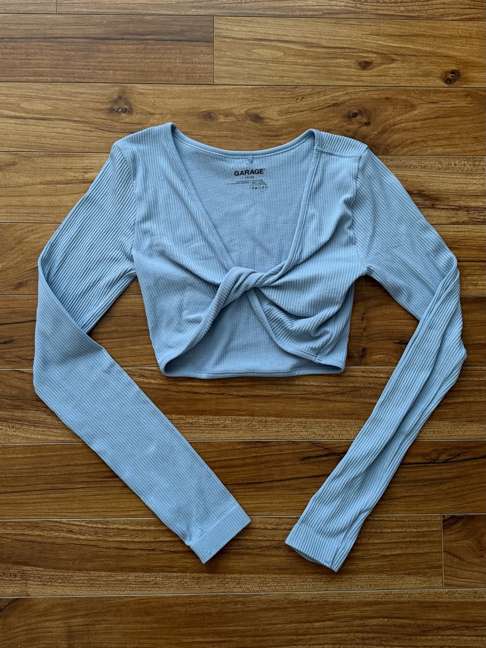 Garage Light Blue Ribbed Twist Front Long Sleeve Crop Top TP/XS